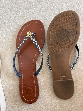Tory Burch Navy Polka Dot Miller Thong Sandals with Gold Logo